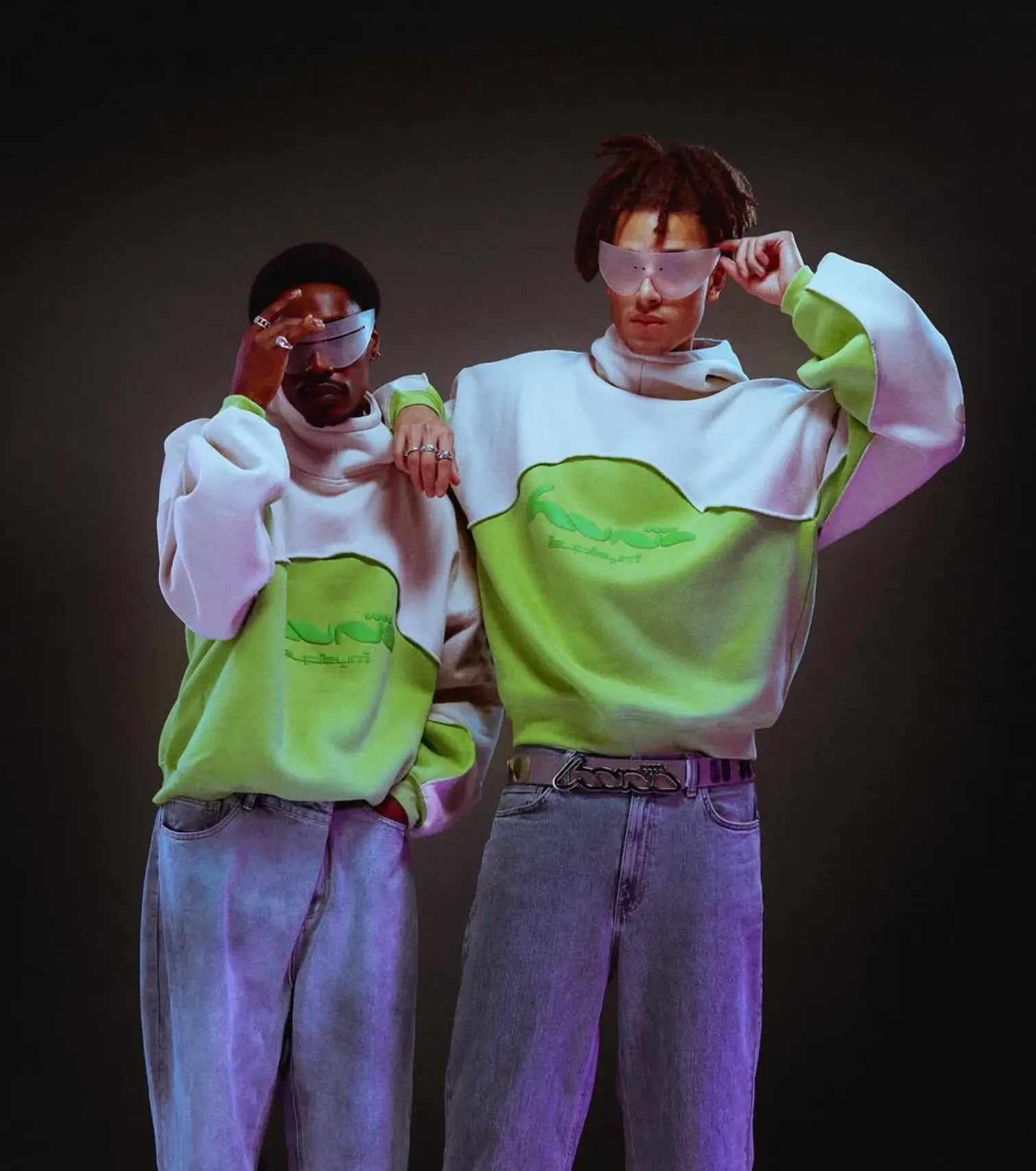Huni Look Book — two models in green knitwear