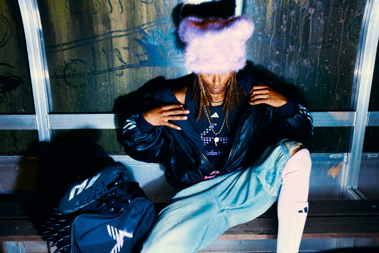 Adidas X Huni — seated portrait with lavender hat